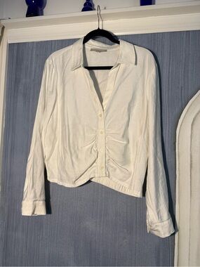 LOFT Ruched Front Top White Button-Front Blouse Size XL